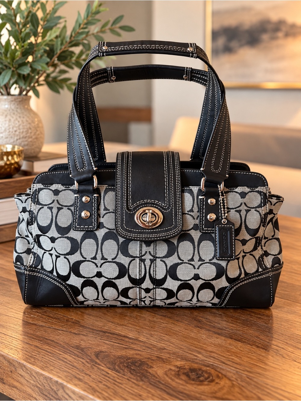 Coach Hamptons Black and Gray Signature Canvas Carryall Bag